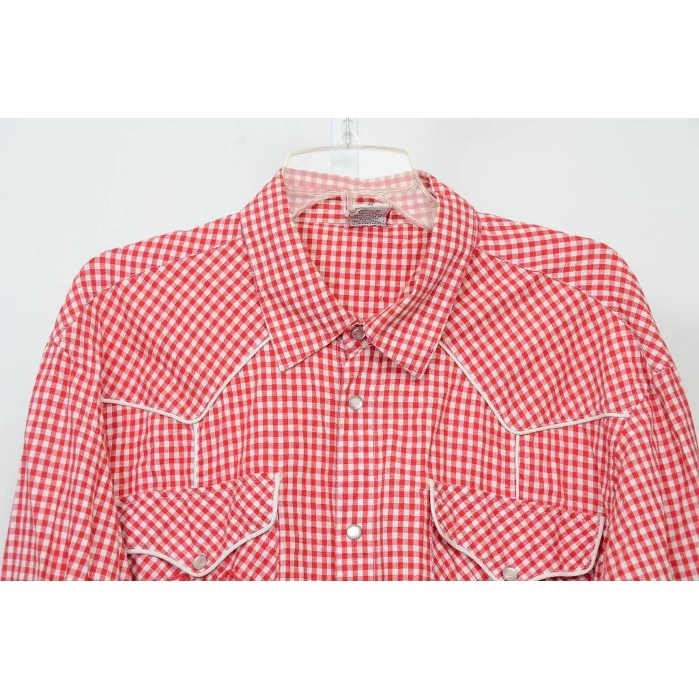 True Religion Men's 42 Vintage-Style Red White Gingham Western Pearl Snap Shirt